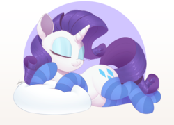 Size: 2000x1438 | Tagged: safe, artist:ncmares, rarity, pony, unicorn, g4, abstract background, beautiful, cheek fluff, clothes, curvy, cute, ear fluff, eyes closed, eyeshadow, female, lying down, makeup, mare, raribetes, smiling, socks, solo, striped socks, sweet dreams fuel, wide hips