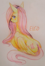 Size: 600x880 | Tagged: safe, artist:ecolinegd, edit, fluttershy, pegasus, pony, g4, big ears, blushing, cropped, female, looking at you, mare, simple background, solo, traditional art