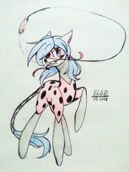 Size: 810x1080 | Tagged: safe, artist:ecolinegd, earth pony, pony, braided tail, clothes, costume, domino mask, ear piercing, earring, female, floppy ears, hair ribbon, jewelry, mare, mask, miraculous ladybug, piercing, ponified, raised hoof, simple background, solo, traditional art, whip