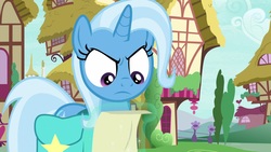 Size: 1920x1080 | Tagged: safe, screencap, trixie, pony, unicorn, g4, student counsel, angry, bag, faic, female, horn, levitation, looking down, magic, mare, paper, ponyville, purple eyes, saddle bag, scroll, solo, telekinesis, trixie is not amused, unamused