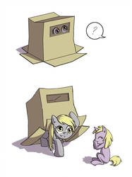 Size: 773x1034 | Tagged: safe, artist:kangaeien, gameloft, derpy hooves, dinky hooves, pegasus, pony, unicorn, g4, blank flank, box, cardboard box, equestria's best mother, female, filly, gameloft interpretation, hiding, mare, mother and daughter, playing, pony in a box, question mark, simple background, smiling, speech bubble, white background