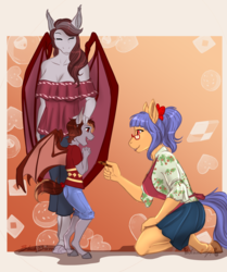 Size: 2550x3045 | Tagged: safe, artist:blackblood-queen, oc, oc only, oc:blueberry crisp, oc:pepper zest, oc:scarlet quill, bat pony, earth pony, anthro, anthro oc, apron, bat pony oc, clothes, commission, cookie, female, filly, food, gift art, glasses, high res, kneeling, mother and daughter, offspring, parent:oc:savory zest, parent:oc:scarlet quill, parents:oc x oc, parents:scarlory, shirt, smiling