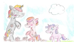 Size: 1985x1117 | Tagged: safe, artist:ptitemouette, oc, oc only, oc:apple zenith, oc:diamond seed, oc:pink lady, earth pony, pony, unicorn, female, freckles, mud, offspring, parent:oc:bow tie, parent:oc:pomme de pin, parents:oc x oc, siblings, sisters, tongue out, traditional art