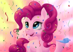 Size: 2280x1612 | Tagged: safe, artist:bluespaceling, pinkie pie, earth pony, pony, g4, confetti, cute, detailed, diapinkes, female, happy, mare, party horn, solo, streamers
