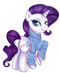 Size: 445x543 | Tagged: safe, artist:blisstox, rarity, pony, unicorn, g4, butt, clothes, female, looking at you, mare, plot, raised hoof, signature, simple background, smiling, solo, sweater, turned head, white background