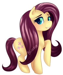 Size: 484x568 | Tagged: safe, artist:blisstox, fluttershy, pony, g4, blushing, female, looking sideways, mare, raised hoof, simple background, smiling, solo, transparent background
