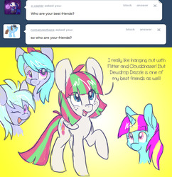 Size: 1024x1056 | Tagged: safe, artist:indiefoxtail, blossomforth, cloudchaser, dewdrop dazzle, flitter, pony, ask blossomforth, g4, alternate hairstyle, ask, cute, friends, tumblr