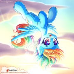 Size: 1100x1100 | Tagged: safe, artist:chaosangeldesu, rainbow dash, pegasus, pony, g4, backwards cutie mark, cloud, cute, dashabetes, female, flying, looking at you, mare, patreon, patreon logo, solo, spread wings, upside down, wings