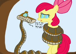 Size: 3508x2480 | Tagged: safe, artist:mistydash, apple bloom, pony, snake, g4, coils, dialogue, female, filly, filly prey, foal, imminent vore, kaa, kaa eyes, male, male pred, mind control, peril, this will not end well