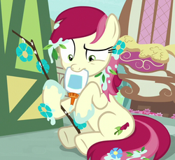 Size: 689x630 | Tagged: safe, screencap, roseluck, pony, unicorn, g4, student counsel, background pony, cropped, female, flower, glue, mare, solo, stick