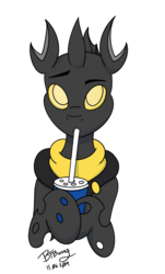 Size: 819x1354 | Tagged: safe, artist:btbunny, derpibooru exclusive, oc, oc only, oc:flavis, changeling, changeling oc, colored, colored pupils, cute, drink, male, quadrupedal, simple background, soda, solo, white background, yellow changeling