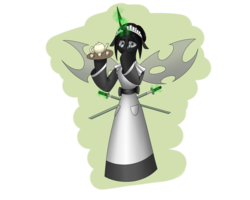 Size: 2560x2048 | Tagged: safe, artist:hugo231929, oc, oc only, changeling, changeling queen, semi-anthro, apron, arm hooves, changeling queen oc, clothes, female, glowing horn, high res, horn, katana, looking at you, magic, maid, simple background, smiling, solo, sword, telekinesis, transparent background, weapon, white changeling