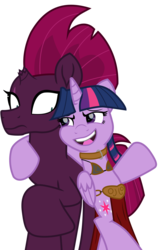 Size: 6713x10651 | Tagged: safe, artist:ejlightning007arts, tempest shadow, twilight sparkle, alicorn, pony, unicorn, g4, broken horn, crossover, female, horn, lesbian, looking at each other, mare, ship:tempestlight, shipping, simple background, slave leia outfit, star wars, transparent background, twilight sparkle (alicorn), vector, wide eyes