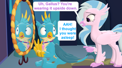 Size: 1920x1080 | Tagged: safe, artist:red4567, gallus, silverstream, griffon, hippogriff, g4, 3d, accessory theft, caught, female, implied gallstream, implied shipping, implied straight, interspecies, jewelry, male, mirror, necklace, ship:gallstream, shipping, source filmmaker, straight