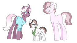 Size: 7696x4240 | Tagged: safe, artist:musicbetmlp, oc, oc only, oc:love letter, oc:melody joy, oc:pearl, earth pony, pony, unicorn, absurd resolution, clothes, colt, curved horn, horn, magical lesbian spawn, male, offspring, parent:cheerilee, parent:rarity, parents:rarilee, simple background, stallion, sweater, white background