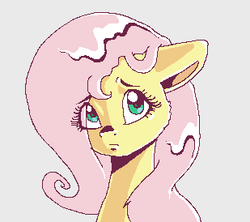 Size: 309x274 | Tagged: safe, artist:smirk, part of a set, fluttershy, pony, g4, bust, cute, eye clipping through hair, female, gray background, ms paint, pixel art, portrait, shyabetes, simple background, solo