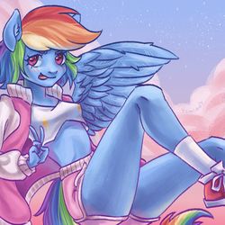 Size: 1280x1280 | Tagged: safe, artist:sonychaan, rainbow dash, anthro, plantigrade anthro, g4, blushing, clothes, cloud, cute, dashabetes, ear fluff, female, looking at you, peace sign, shorts, solo, tongue out
