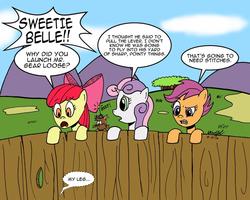 Size: 900x720 | Tagged: safe, artist:cartoon-eric, apple bloom, scootaloo, sweetie belle, mouse, pony, comic:cmc and gear loose, g4, cutie mark crusaders, fence, my leg, offscreen character, running gag, spongebob squarepants, sweetie fail