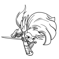 Size: 1024x1024 | Tagged: safe, artist:fimflamfilosophy, oc, oc only, pegasus, pony, buck legacy, armor, black and white, bracer, card art, cloak, clothes, determined, grayscale, looking at you, male, monochrome, simple background, solo, sword, transparent background, weapon