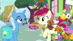 Size: 1920x1080 | Tagged: safe, screencap, roseluck, trixie, pony, g4, student counsel, flower, saddle bag