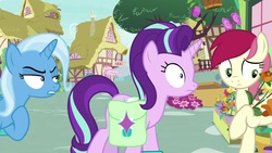 Size: 1920x1080 | Tagged: safe, screencap, roseluck, starlight glimmer, trixie, pony, g4, student counsel, flower, saddle bag