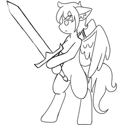 Size: 1000x1000 | Tagged: safe, artist:taletrotter, oc, oc:dawn stormrider, pegasus, pony, semi-anthro, arm hooves, barbarian, bipedal, black and white, braid, concept art, concept design, fighting stance, grayscale, greatsword, lineart, monochrome, solo, standing pony, sword, tribal, two-handed sword, weapon, wings