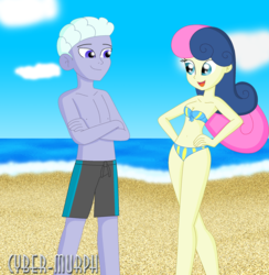 Size: 2116x2168 | Tagged: safe, artist:cyber-murph, bon bon, sweetie drops, oc, oc:night train, equestria girls, g4, beach, belly button, bikini, breasts, canon x oc, cleavage, clothes, commission, female, hand on hip, high res, male, midriff, ocean, signature, straight, swimsuit