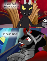 Size: 1400x1800 | Tagged: safe, artist:toucanldm, edit, edited screencap, screencap, king sombra, devil, g4, the beginning of the end, barely pony related, bendy, bendy and the ink machine, crossover, cuphead, cuphead meets mlp, studio mdhr, the devil