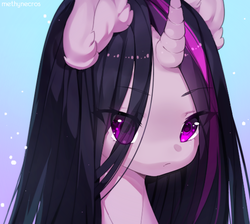 Size: 539x483 | Tagged: safe, artist:methynecros, twilight sparkle, pony, unicorn, g4, anime, bust, cute, ear fluff, eye clipping through hair, eyebrows, eyebrows visible through hair, female, gradient background, looking at you, mare, portrait, solo, twiabetes, unicorn twilight