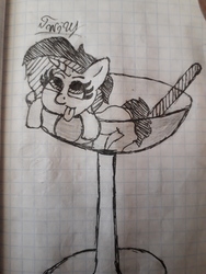 Size: 4128x3096 | Tagged: safe, artist:twilight_light, oc, oc only, oc:twilight light, pony, unicorn, :p, black and white, cup, cup of pony, female, glass, graph paper, grayscale, mare, micro, monochrome, notebook, photo, sketch, solo, tongue out, traditional art