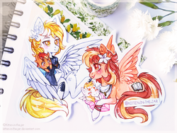 Size: 3968x2976 | Tagged: safe, artist:aniimoni, oc, oc only, oc:serenity, oc:white feather, pegasus, pony, baby, baby pony, featureless crotch, female, flower, flower in hair, high res, male, mare, serenither, stallion, traditional art