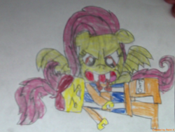 Size: 1196x897 | Tagged: safe, artist:thedrksiren, fluttershy, bat pony, g4, bat ponified, crossover, emmet brickowski, flutterbat, lego, race swap, the lego movie, traditional art