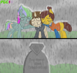 Size: 2328x2208 | Tagged: safe, artist:paintgreencolor19, oc, oc:katsue color, earth pony, pegasus, pony, unicorn, avengers: endgame, comic, emmet brickowski, gravestone, high res, implied death, lego, marvel, ponified, spoilers for another series, the lego movie, tony stark