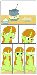 Size: 3000x6000 | Tagged: safe, artist:fajnyziomal, oc, oc only, oc:świstek#1, plant pony, pony, unicorn, comic:świstek, amputee, armless, cheek fluff, chest fluff, comic, cookie, dropping, food, heart eyes, honey, mouth hold, open mouth, shoulder fluff, solo, starry eyes, stump, sugar (food), wide eyes, wingding eyes