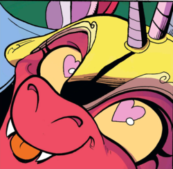 Size: 1048x1024 | Tagged: safe, artist:andypriceart, edit, idw, cosmos, g4, spoiler:comic78, :p, cosmageddon, cute, cute little fangs, fangs, female, heart eyes, macro, tongue out, wingding eyes