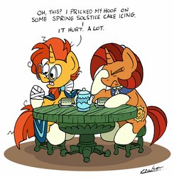 Size: 4443x4538 | Tagged: safe, artist:bobthedalek, stellar flare, sunburst, pony, unicorn, g4, student counsel, bandage, cup, disappointed, facehoof, female, male, mare, mother and son, stallion, stellar flare is not amused, table, teacup, teapot, unamused