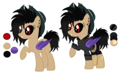 Size: 3201x1905 | Tagged: safe, artist:pegasski, artist:rukemon, oc, oc only, oc:midnight spurs, bat pony, demon, demon pony, original species, pony, g4, base used, bat pony oc, black sclera, boots, chaps, clothes, coat, colored sclera, cowboy boots, cowboy hat, ear piercing, earring, female, hat, jewelry, mare, pants, piercing, raised hoof, red eyes, reference sheet, shoes, simple background, smiling, solo, transparent background