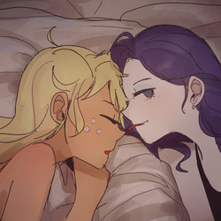 Size: 1280x1279 | Tagged: safe, artist:tcn1205, part of a set, applejack, rarity, human, equestria girls, g4, bed, cute, female, humanized, in bed, jackabetes, lesbian, pony coloring, pretty, raribetes, selfie, ship:rarijack, shipping, silly, sleeping, tongue out