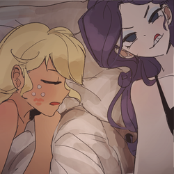 Size: 1280x1279 | Tagged: safe, artist:tcn1205, part of a set, applejack, rarity, human, equestria girls, g4, bed, cute, female, humanized, in bed, jackabetes, kiss mark, lesbian, lipstick, pony coloring, pretty, raribetes, selfie, ship:rarijack, shipping, silly, silly face, sleeping, teeth