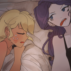 Size: 1280x1279 | Tagged: safe, artist:tcn1205, part of a set, applejack, rarity, human, equestria girls, g4, bed, cute, female, humanized, in bed, jackabetes, kiss mark, lesbian, lipstick, pony coloring, pretty, raribetes, selfie, ship:rarijack, shipping, silly, sleeping, tongue out