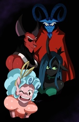 Size: 1750x2700 | Tagged: safe, artist:traupa, cozy glow, grogar, lord tirek, queen chrysalis, anthro, g4, season 9, bare shoulders, black background, blushing, bust, crown, female, jewelry, legion of doom, male, one eye closed, open mouth, regalia, simple background, wink