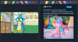 Size: 494x270 | Tagged: safe, edit, screencap, gallus, minty, pinkie pie (g3), oc, oc:comment, oc:downvote, oc:favourite, oc:upvote, griffon, derpibooru, g3, g4, student counsel, :c, >:c, angry, aside glance, derpibooru ponified, faic, frown, gallus is not amused, hard hat, helmet, juxtaposition, larson you magnificent bastard, m.a. larson, meta, ponified, roller skates, sitting, smiling, text, twitter