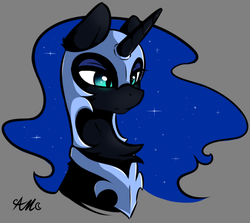 Size: 742x663 | Tagged: safe, artist:arjinmoon, nightmare moon, alicorn, pony, g4, bust, chest fluff, ethereal mane, female, gray background, helmet, horn, portrait, signature, simple background, solo, starry mane