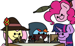Size: 1280x800 | Tagged: safe, artist:ljdamz1119, fluttershy, pinkie pie, rainbow dash, twilight sparkle, pony, g4, adventuring party, board game, dot eyes, dungeons and dragons, hat, ogres and oubliettes, rainbow rogue, roleplaying, rpg (weapon), rpg-7, simple background, tabletop game, weapon, white background, wizard