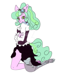 Size: 800x1000 | Tagged: safe, artist:coffeevixxen, oc, oc only, oc:taffy fizzlespark, earth pony, anthro, amputee, anthro oc, automail, clothes, deviantart watermark, female, goggles, mare, obtrusive watermark, prosthetic limb, prosthetics, simple background, steampunk, transparent background, watermark
