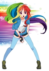 Size: 771x1122 | Tagged: safe, artist:shadiestorm, rainbow dash, human, g4, abstract background, anime, clothes, cute, dashabetes, female, fingerless gloves, full body, gloves, humanized, looking at you, open mouth, ponytail, solo, stockings, thigh highs