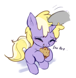 Size: 808x829 | Tagged: safe, artist:luciferamon, derpy hooves, dinky hooves, pony, unicorn, g4, blushing, cute, dinkabetes, eyes closed, female, filly, food, hoof hold, implied derpy, muffin, solo