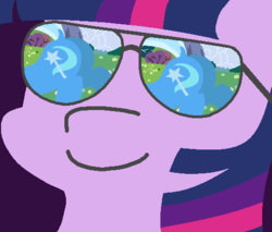 Size: 502x428 | Tagged: safe, artist:threetwotwo32232, edit, trixie, twilight sparkle, pony, g4, butt, dat ass, dock, eyes on the prize, eyes on the prize on the eyes, female, glasses, lesbian, looking at butt, meme, plot, prize on the eyes, reflection, ship:twixie, shipping, smiling, sunglasses, the great and powerful ass