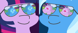 Size: 1004x428 | Tagged: safe, artist:threetwotwo32232, edit, trixie, twilight sparkle, pony, g4, butt, dayum, double, double butt, eyes on the prize, eyes on the prize on the eyes, female, glasses, lesbian, looking at butt, plot, prize on the eyes, ship:twixie, shipping, sunglasses