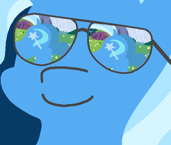 Size: 502x428 | Tagged: safe, artist:threetwotwo32232, edit, trixie, pony, g4, butt, dat ass, dock, female, glasses, looking at butt, meme, narcissism, plot, reflection, shipping, smiling, sunglasses, the great and powerful ass